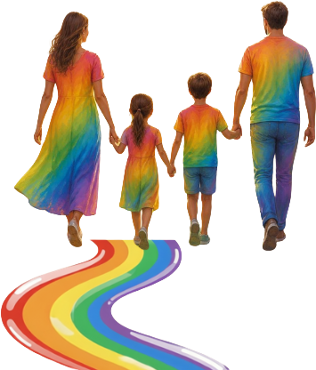 Famiglia che cammina lungo un sentiero arcobaleno